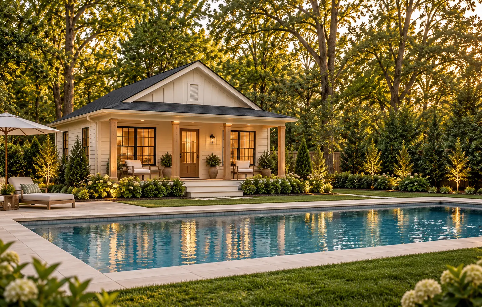 Old North inspired detached pool house beyond a landscaped backyard pool