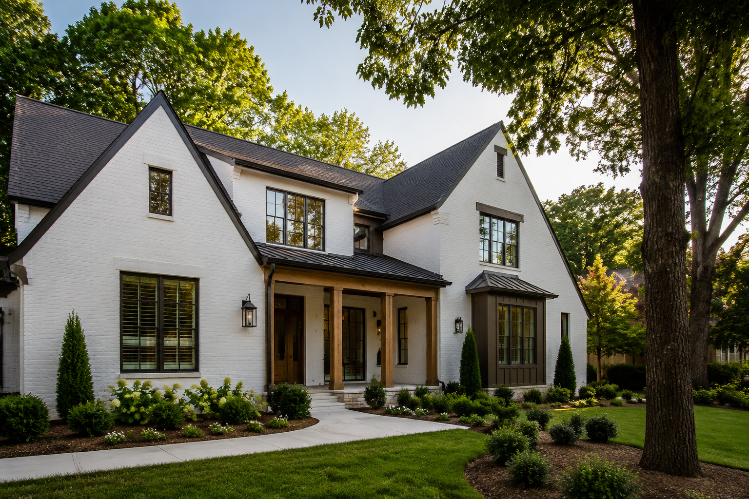 Timeless white Carolina home beneath mature trees